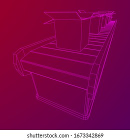 Conveyor belt section with open boxes. Factory production equipment. Wireframe low poly mesh vector illustration