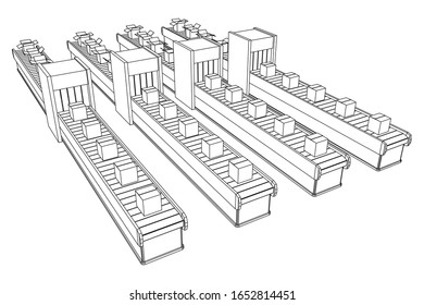Conveyor belt section with pack boxes. Factory production equipment. Wireframe low poly mesh vector illustration