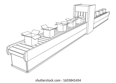 Gürtelabschnitt mit Packungen versehen. Fabrik-Produktionsanlagen. Wireframe Low-Poly-Vektorillustration