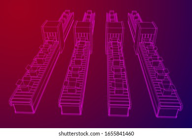 Conveyor belt section with pack boxes. Factory production equipment. Wireframe low poly mesh vector illustration