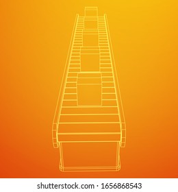 Conveyor belt section with pack boxes. Factory production equipment. Wireframe low poly mesh vector illustration