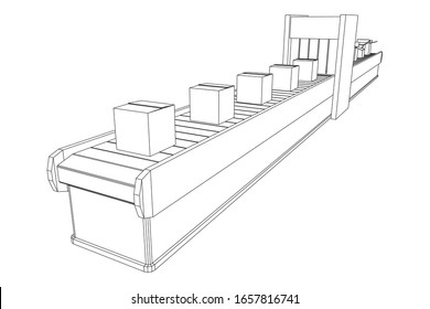Conveyor belt section with pack boxes. Factory production equipment. Wireframe low poly mesh vector illustration