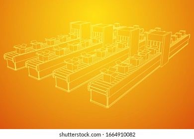 Conveyor belt section with pack boxes. Factory production equipment. Wireframe low poly mesh vector illustration