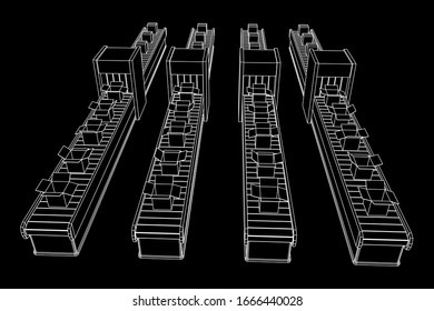 Sección de la correa del contenedor con cajas. Equipo de producción de fábrica. Ilustración vectorial de malla baja del bastidor de alambres