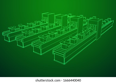 Conveyor belt section with pack boxes. Factory production equipment. Wireframe low poly mesh vector illustration