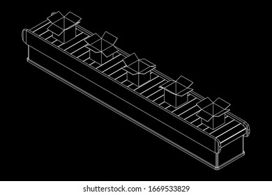 Conveyor belt section with pack boxes. Factory production equipment. Wireframe low poly mesh vector illustration