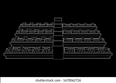 Conveyor belt section with pack boxes. Factory production equipment. Wireframe low poly mesh vector illustration