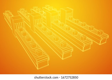 Sección de la correa del contenedor con cajas. Equipo de producción de fábrica. Ilustración vectorial de malla baja del bastidor de alambres