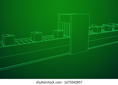 Conveyor belt section with pack boxes. Factory production equipment. Wireframe low poly mesh vector illustration