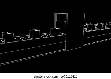 Conveyor belt section with pack boxes. Factory production equipment. Wireframe low poly mesh vector illustration