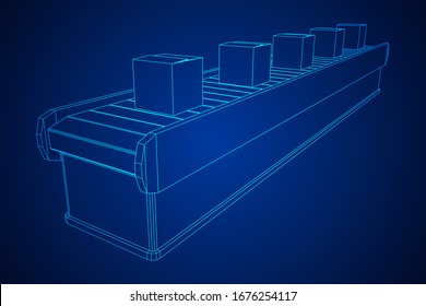 Conveyor belt section with pack boxes. Factory production equipment. Wireframe low poly mesh vector illustration