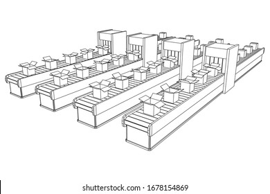 Sección de la correa del contenedor con cajas. Equipo de producción de fábrica. Ilustración vectorial de malla baja del bastidor de alambres