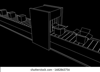 Conveyor belt section with pack boxes. Factory production equipment. Wireframe low poly mesh vector illustration