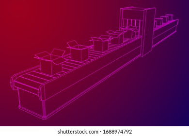 Conveyor belt section with pack boxes. Factory production equipment. Wireframe low poly mesh vector illustration