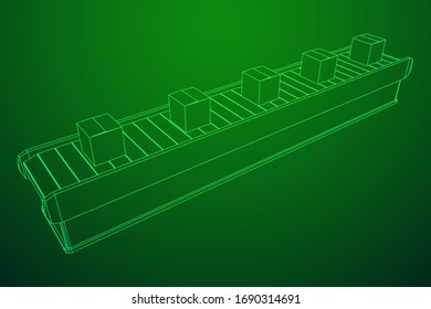 Conveyor belt section with pack boxes. Factory production equipment. Wireframe low poly mesh vector illustration