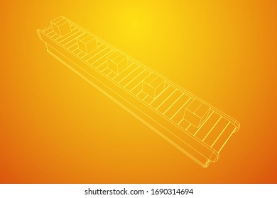 Conveyor belt section with pack boxes. Factory production equipment. Wireframe low poly mesh vector illustration