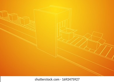 Conveyor belt section with pack boxes. Factory production equipment. Wireframe low poly mesh vector illustration