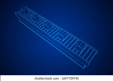 Conveyor belt section with pack boxes. Factory production equipment. Wireframe low poly mesh vector illustration