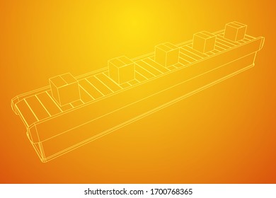 Conveyor belt section with pack boxes. Factory production equipment. Wireframe low poly mesh vector illustration