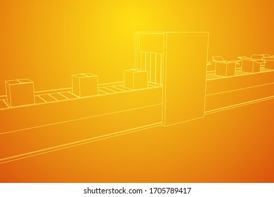 Conveyor belt section with pack boxes. Factory production equipment. Wireframe low poly mesh vector illustration