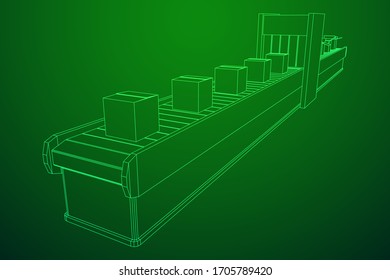 Gürtelabschnitt mit Packungen versehen. Fabrik-Produktionsanlagen. Wireframe Low-Poly-Mesh, Vektorgrafik
