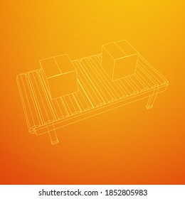 Conveyor belt section with pack boxes. Factory production equipment. Wireframe low poly mesh vector illustration