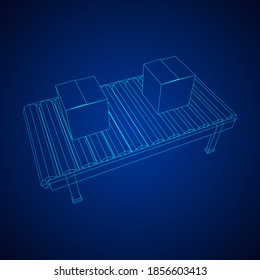 Gürtelabschnitt mit Packungen versehen. Fabrik-Produktionsanlagen. Wireframe Low-Poly-Mesh, Vektorgrafik