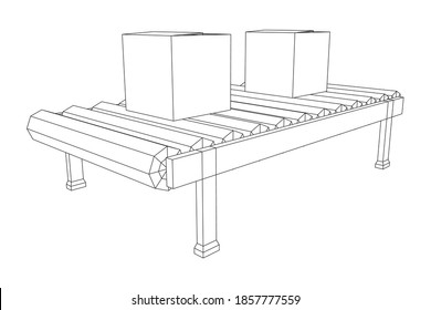 Sección de la correa de transporte con cajas de embalaje. Equipo de producción de fábrica. Ilustración vectorial de malla baja de malla de alambre