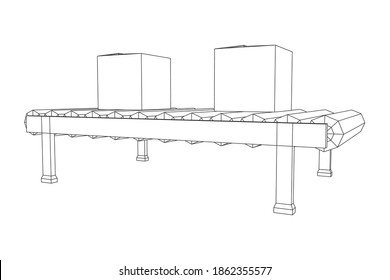 Conveyor belt section with pack boxes. Factory production equipment. Wireframe low poly mesh vector illustration