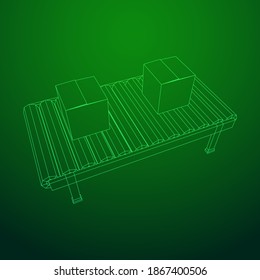 Gürtelabschnitt mit Packungen versehen. Fabrik-Produktionsanlagen. Wireframe Low-Poly-Mesh, Vektorgrafik