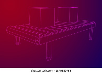 Sección de la correa de transporte con cajas de embalaje. Equipo de producción de fábrica. Ilustración vectorial de malla baja de malla de alambre