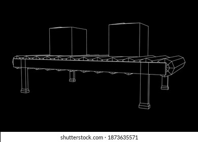 Conveyor belt section with pack boxes. Factory production equipment. Wireframe low poly mesh vector illustration