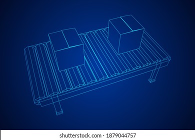 Conveyor belt section with pack boxes. Factory production equipment. Wireframe low poly mesh vector illustration
