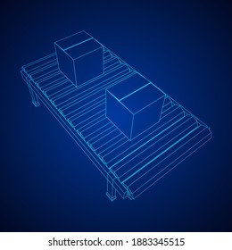 Gürtelabschnitt mit Packungen versehen. Fabrik-Produktionsanlagen. Wireframe Low-Poly-Mesh, Vektorgrafik