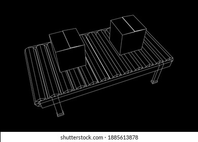 Gürtelabschnitt mit Packungen versehen. Fabrik-Produktionsanlagen. Wireframe Low-Poly-Mesh, Vektorgrafik