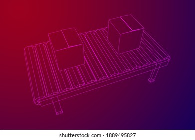 Sección de la correa de transporte con cajas de embalaje. Equipo de producción de fábrica. Ilustración vectorial de malla baja de malla de alambre