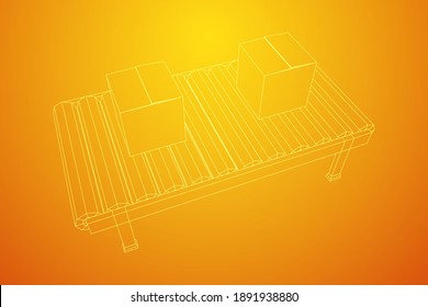 Conveyor belt section with pack boxes. Factory production equipment. Wireframe low poly mesh vector illustration