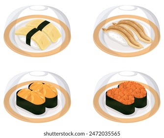 Conveyor belt sushi with cover (egg, conger eel, sea urchin gunkan, salmon roe gunkan)