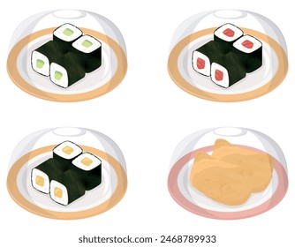 Conveyor belt sushi with cover, Kappamaki, Tekkamaki, Oshinkamaki