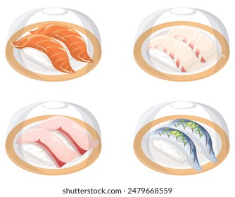 Conveyor belt sushi with cover (Salmon, sea bream, yellowtail, shiny fish)