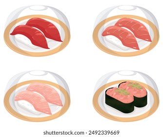 Conveyor belt sushi with cover (Tuna, medium fatty tuna, fatty tuna, negitoro)