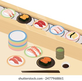 Conveyor belt sushi image. Vector illustration.