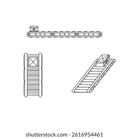 Conveyor belt system icon set with side, top, and isometric angled views. Ideal for logistics, manufacturing, and industrial design illustrations.