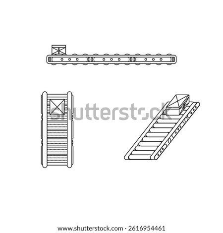Conveyor belt system icon set with side, top, and isometric angled views. Ideal for logistics, manufacturing, and industrial design illustrations.