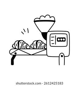 A conveyor belt system used in a bakery or food processing plant for croissants