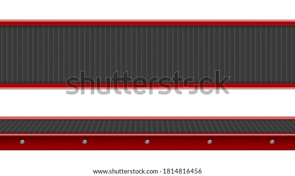 Conveyor belt top and side view, industrial\
empty processing production line, automated manufacturing\
engineering equipment for factory isolated on white background,\
Realistic 3d vector\
illustration