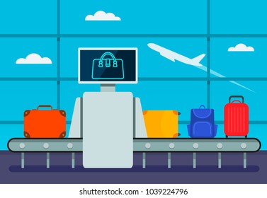 Conveyor belt transport safety airport luggage scanner with control pad and screens. Luggage examination. Terminal Baggage Security Check.Vector illustration in cartoon style