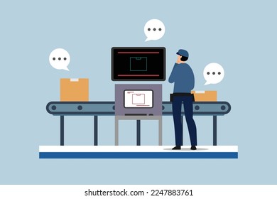 Conveyor belt transport safety airport luggage scanner with control pad and screens 2d vector illustration concept for banner, website, illustration, landing page, flyer, etc