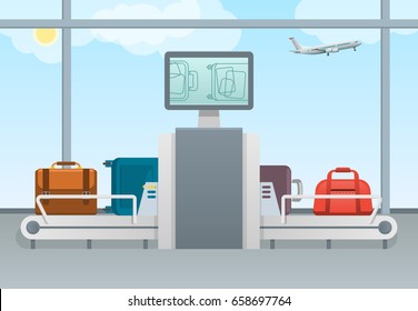 Conveyor Belt Transport Safety Airport Luggage Scanner With Control Pad And Screens. Luggage Examination Concept. Terminal Baggage Security Check.