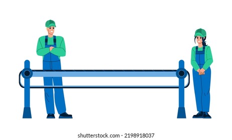 vector de correa transportadora. fábrica de cinturones, almacén de cajas, producción de tecnología, fabricación de moderno estuche de transporte de características de correa transportadora. ilustración de dibujos animados planos de personas